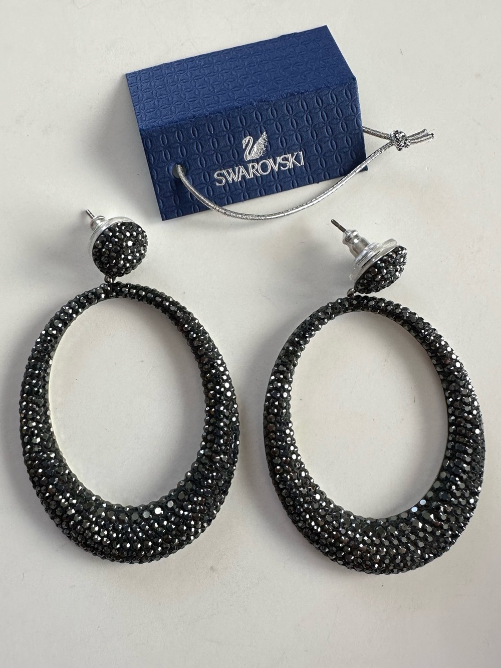 Swarovski Gunmetal Pavé Oval Hoop Drop Earrings Grey Crystal Jewelry #5012481